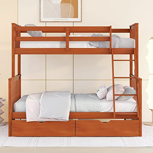 Ball & Cast Full Over Full Bunk Bed with Twin Size Trundle and Built in 4 Drawer,Wood Bunkbed w/Storage Ladder & Slat Support