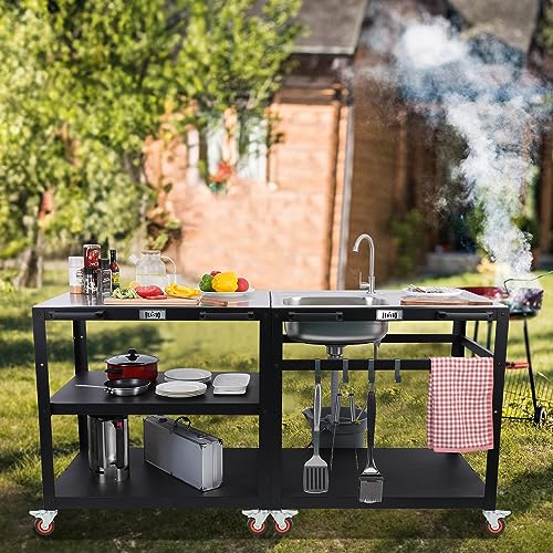 35” Outdoor Grill Cart with Sink, Outdoor Kitchen Sink Station with Hose Hook Up, Free Standing Sink with Wheels