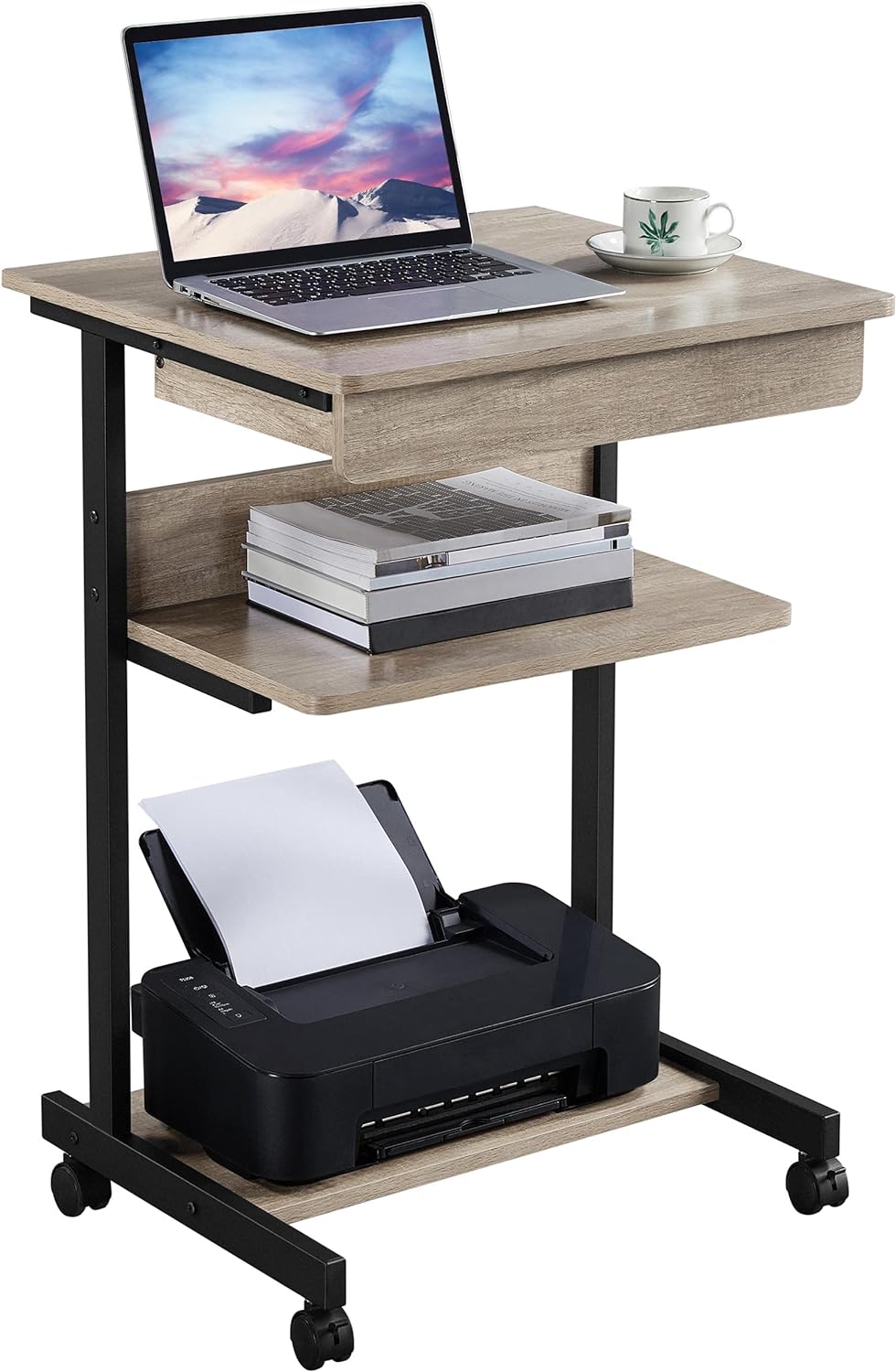 Topeakmart Mobile Compact Computer Desk Cart for Small Spaces, Work Workstation, Writing Desk Table with Drawers and Printer Shelf on Wheels