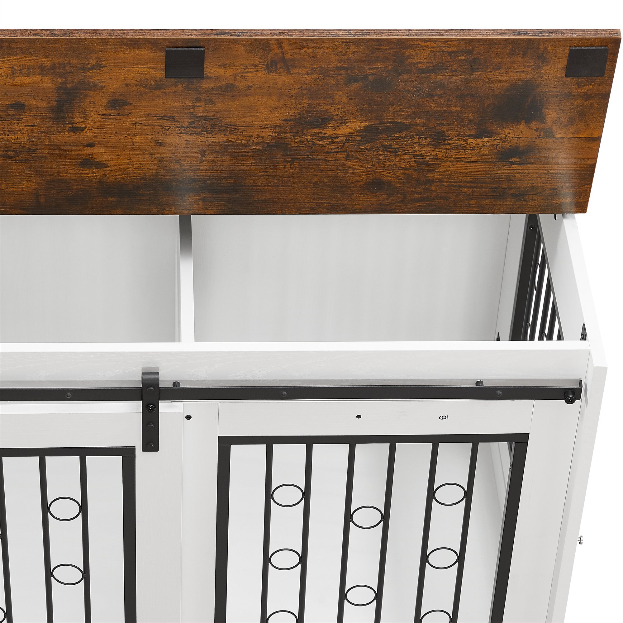 Ostreici 44" Anti-Bite Furniture Style Dog Crate Sliding Barn Door, Dog Kennel End Table w/ Wheels