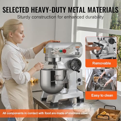 VEVOR Commercial Mixer, Commercial Food Mixer 10Qt Stainless Steel Bowl, 450W Commercial Stand Mixer with 3 Speeds Adjustable