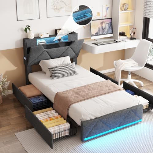 Vabches Queen Bed Frame with Storage Headboard and 4 Drawers,Upholstered Platform with Charging Station and Led Lights,Adjustable Headboard