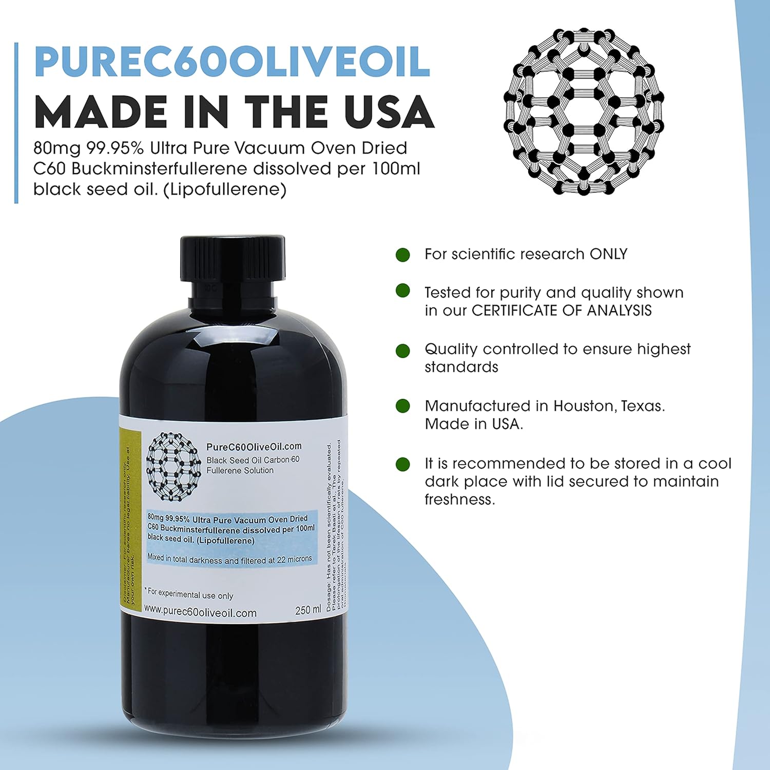 PureC60OliveOil C60 Black Seed Oil 250ml / 8.5 Fl Oz - 99.95% Carbon 60 Solvent Free 80mg - Amber Glass Bottle - Third Party Tested