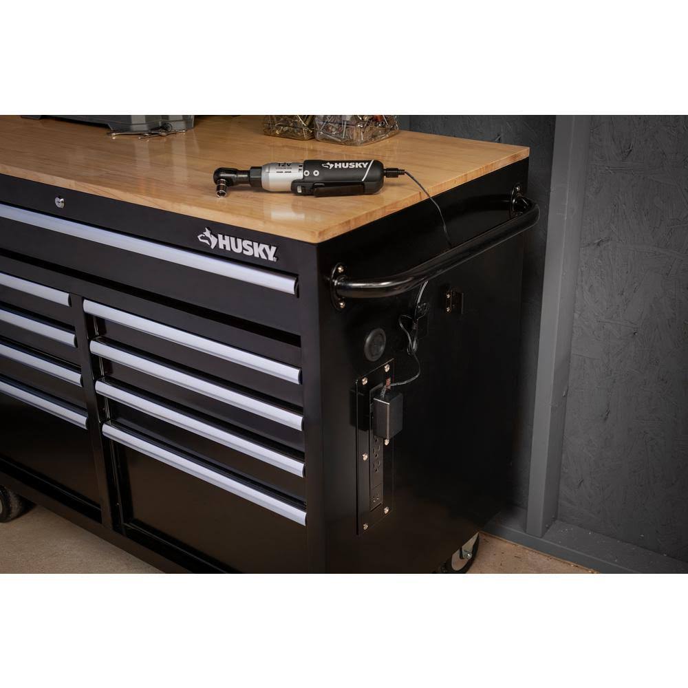 Husky 46 in. W x 24.5 in. D 9-Drawer Gloss Black Deep Tool Chest Mobile Workbench with Hardwood Top