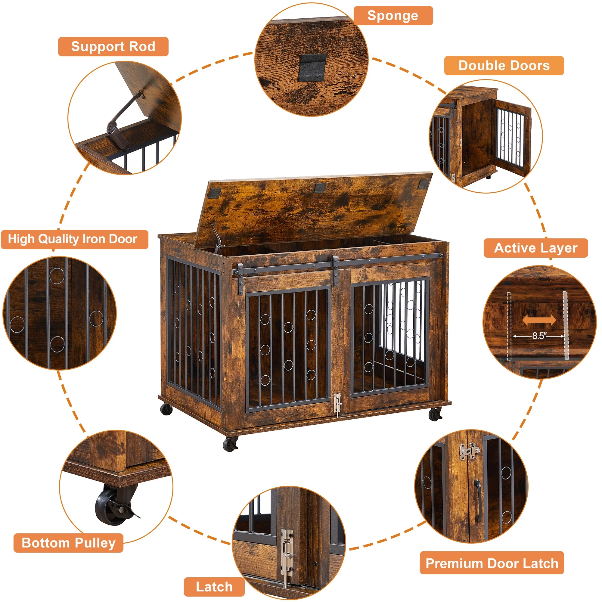 Ostreici 39" Anti-Bite Furniture Style Dog Crate Sliding Barn Door, Dog Kennel End Table w/ Wheels