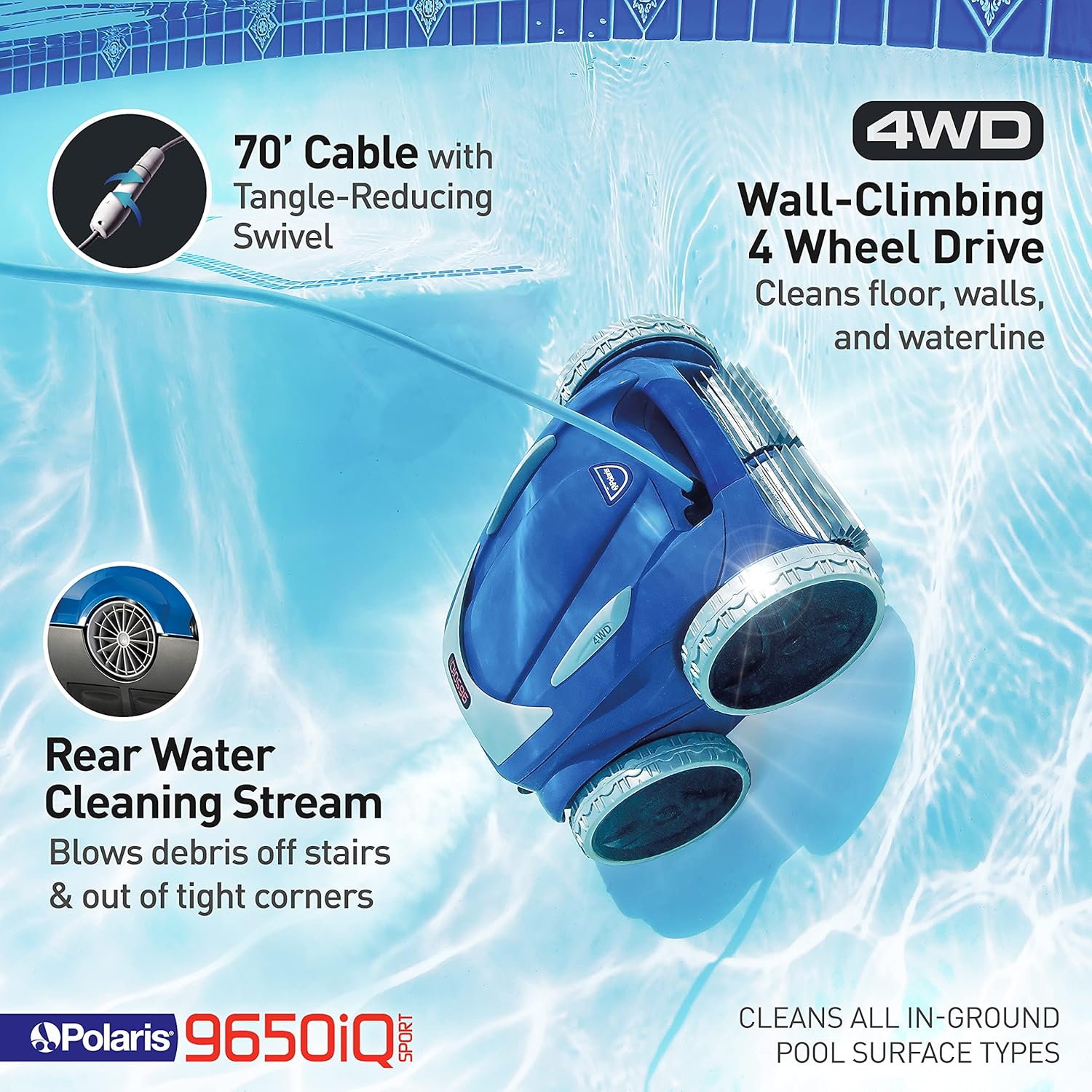 Polaris 9650iQ Sport Robotic Cleaner, Automatic Vacuum for InGround Pools up to 60ft, Smart App, WiFi, Amazon Alexa