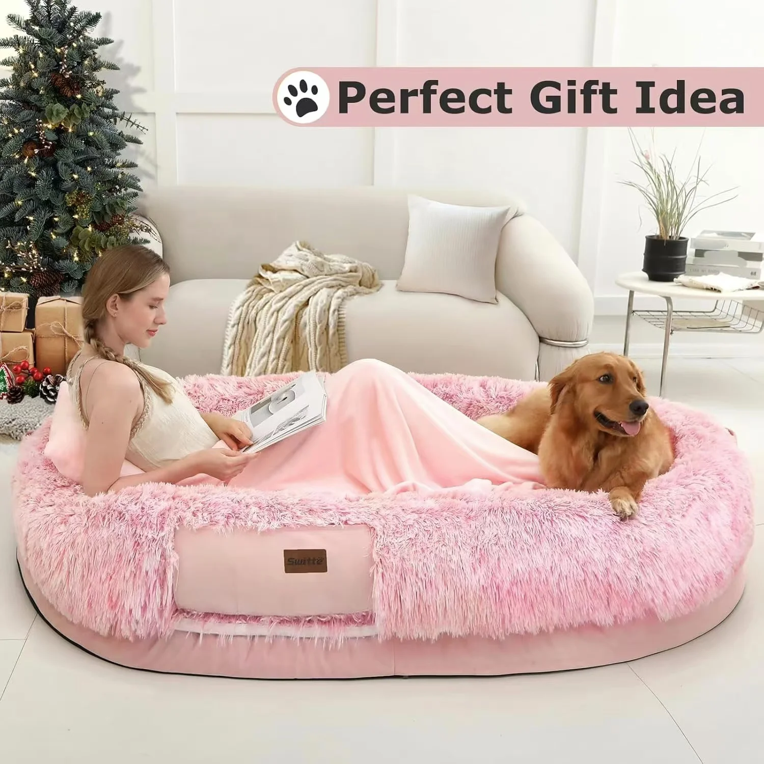 SWITTE Human Dog Bed for Adult, 71"x47"x13" Washable Large Human Size Dog Bed with Blanket for People Doze Off