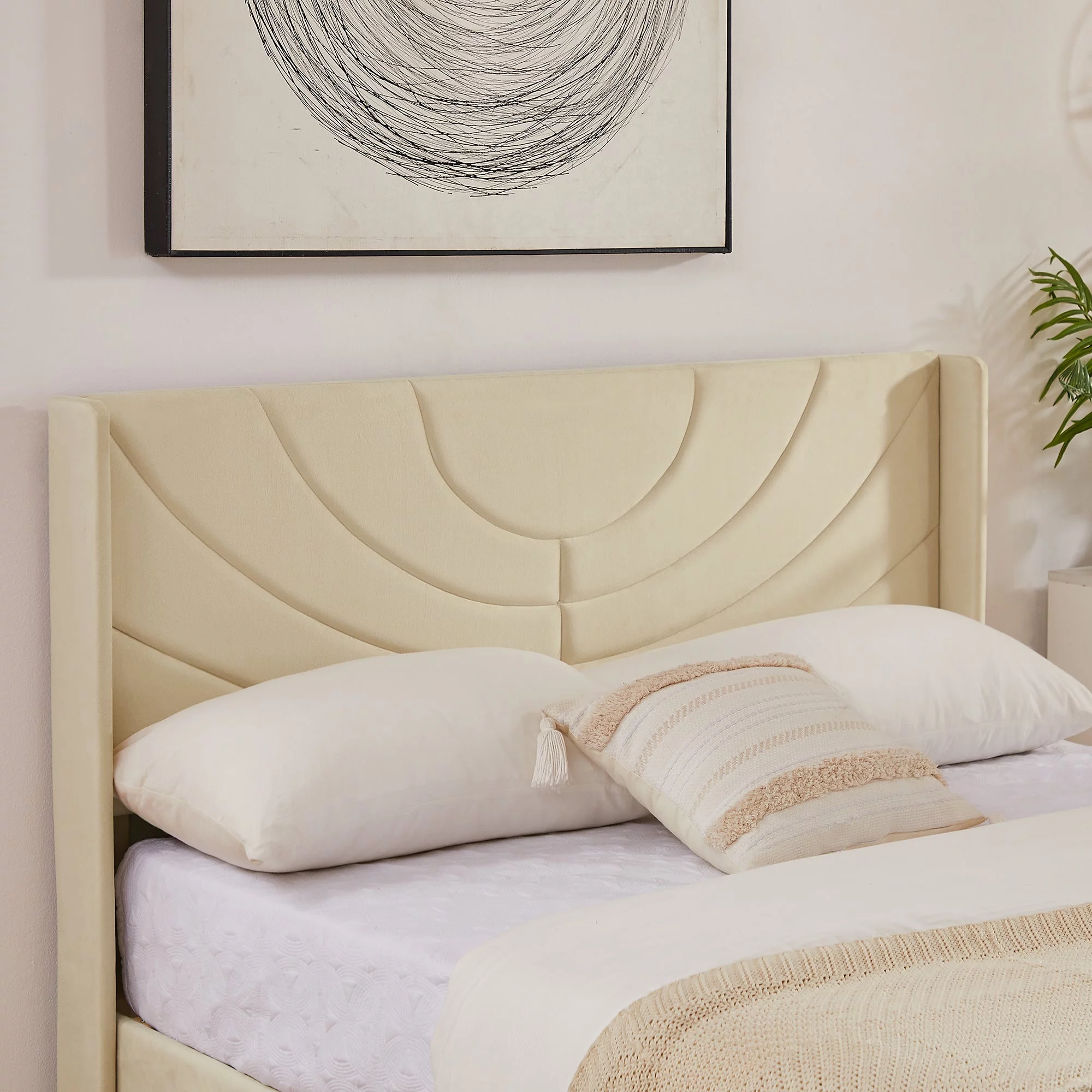 VECELO Queen Platform Bed Frame with Upholstered Headboard, Strong Wooden Slats/No Box Spring Needed, Beige
