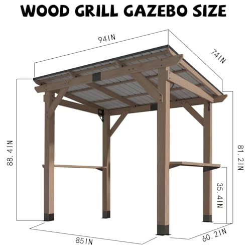 8x6 FT Wood Grill Gazebos, BBQ Wooden Gazebo with Hardtop Sloping Steel Roof, Wood Outdoor Pavilion with 2 Side Storage Shelves