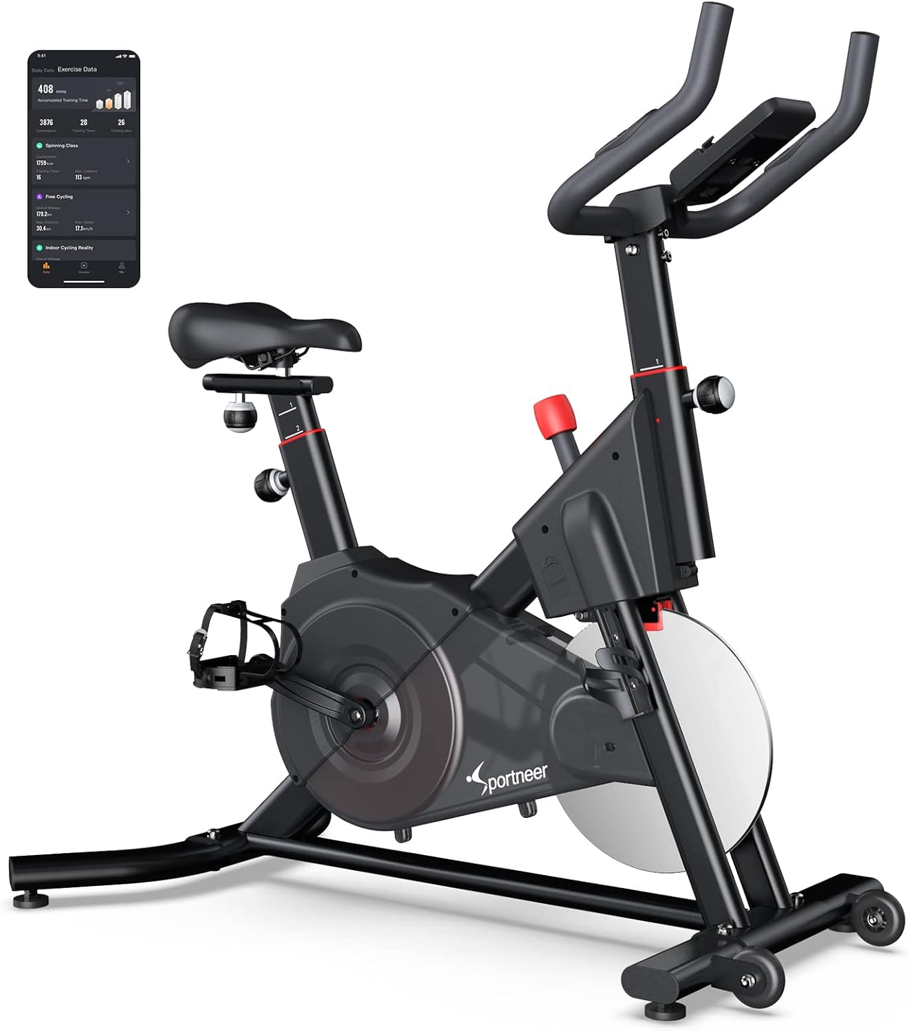 Sportneer Exercise Bike (Quiet), Indoor Cycling Bike Stationary Magnetic Resistance Spin Bike Cycle Workout Bikes for Home Gym, Aluminum Flywheel