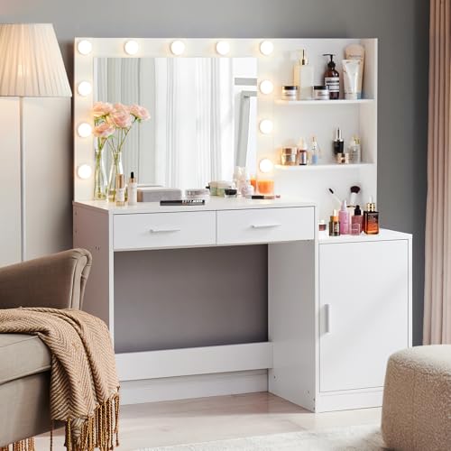 Vanity Desk with Mirror and LED Light Strip,Dressing Table with Large Drawer, 3 Level Storage Dresser & 3 Lighting Modes Adjustable Brightness