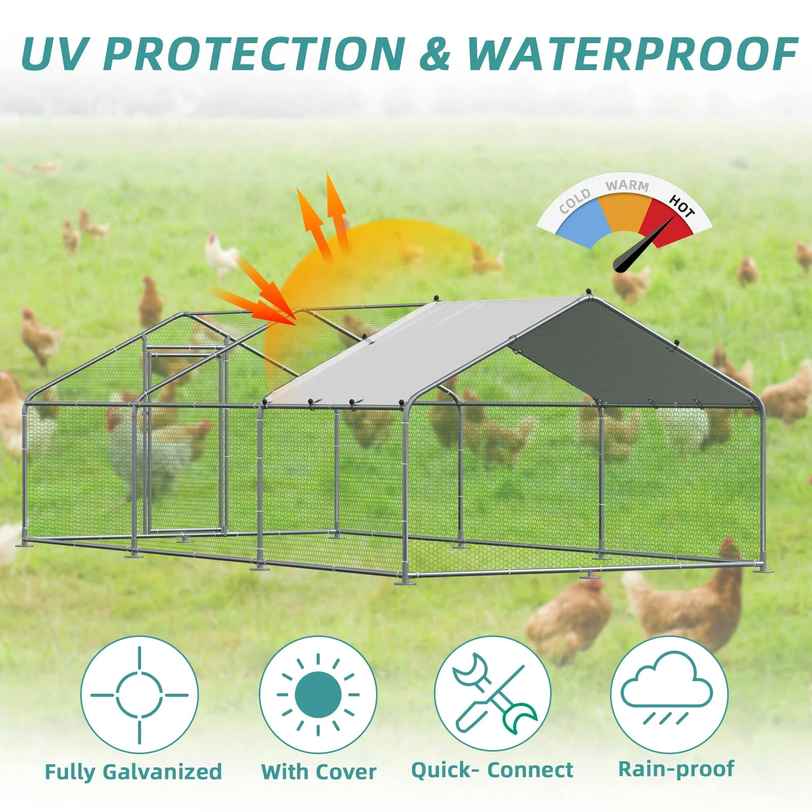MEETWARM Large Metal Chicken Coop Run, Walk-in Poultry Cage Chicken Run Pen