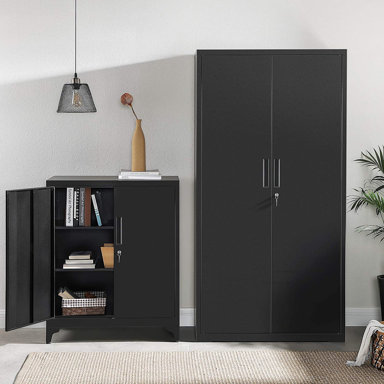 SONGMICS Garage Cabinet Metal Storage Cabinet with Doors and Shelves Office Cabinet for Home Office Garage Black