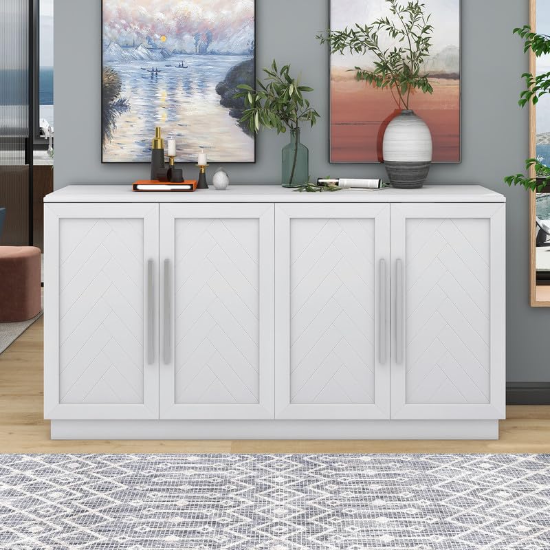 Sideboard Buffet Cabinet, Large Storage Cabinet with 4 Doors and Adjustable Shelves, Console Table with Silver Handles