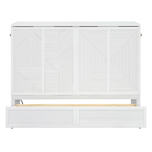 Harper & Bright Designs Full Size Murphy Bed Cabinet Wall Bed, Solid Pine Murphy Bed Chest with USB Ports