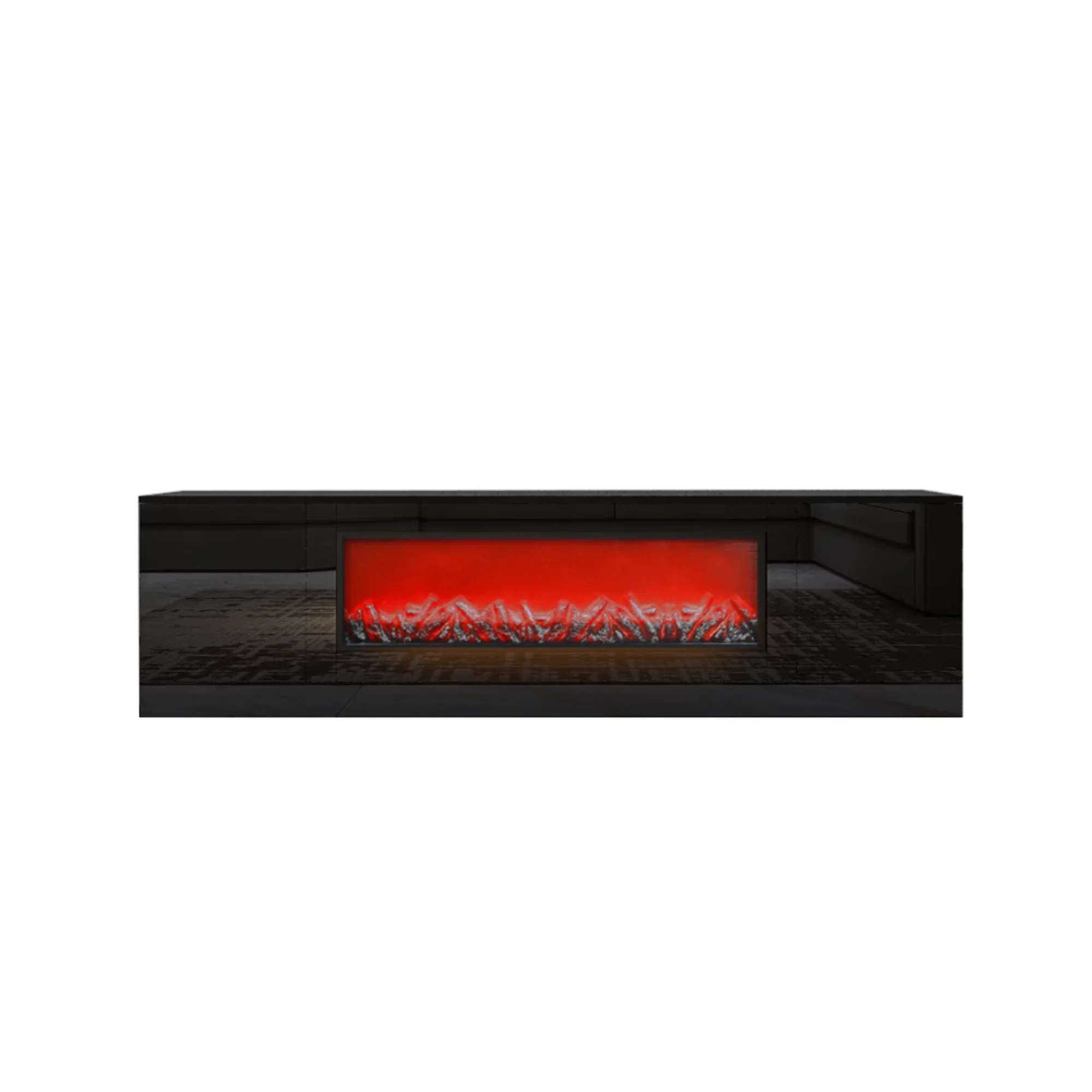 Modern Black Electric Fireplace TV Stand - Wood Texture, High Glossy Surface - No Heating, Removable Partition (1 Box)