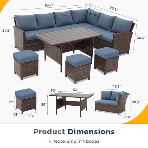Wisteria Lane Outdoor Patio Furniture Set, 7 Piece Outdoor Dining Sectional Sofa with Dining Table and Chair