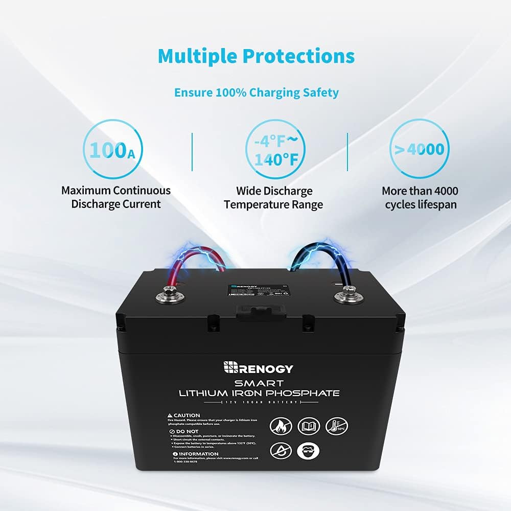 Renogy Smart Lithium-Iron Phosphate Battery 12V 100Ah w/Self-Heating Function for RV, Solar, Marine, and Off-grid Applications