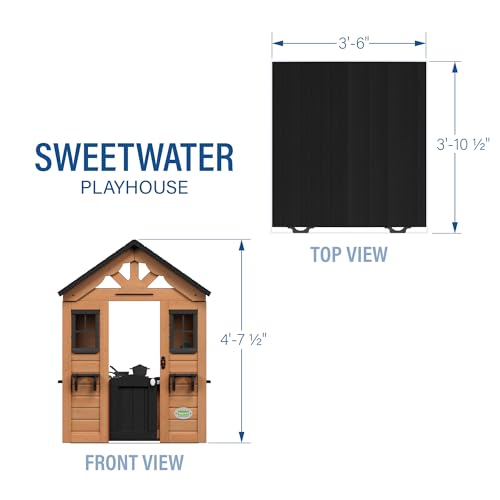 Backyard Discovery Sweetwater Cedar Wooden Kids Playhouse Cottage with Play Kitchen, Snack Bar, Half Door, Toy Phone, Windows, Flowerpot Holders