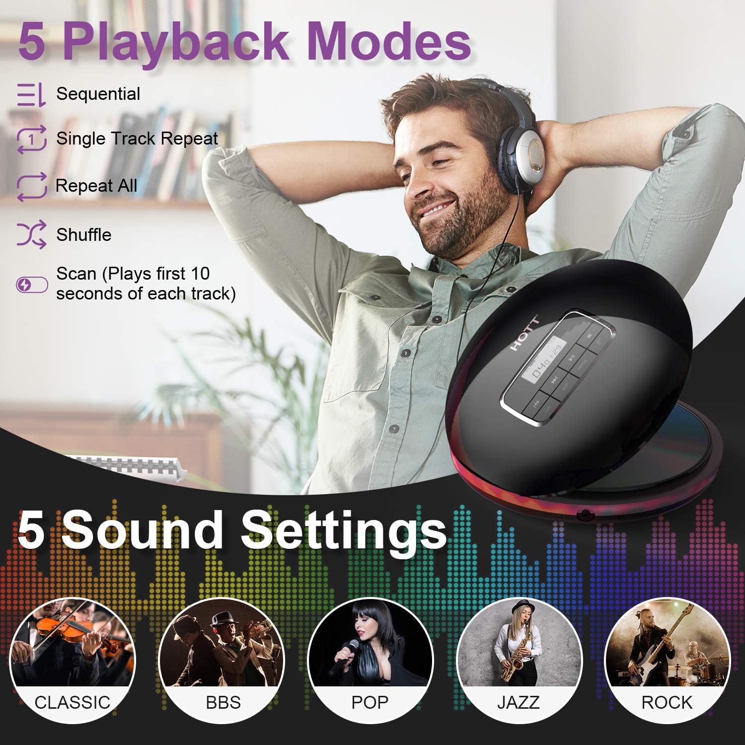 HOTT CD511 Portable CD Player Personal Compact CD Player with LCD Display Anti-Skip/Anti-Shock Walkman Small Music CD Player with Headphones USB