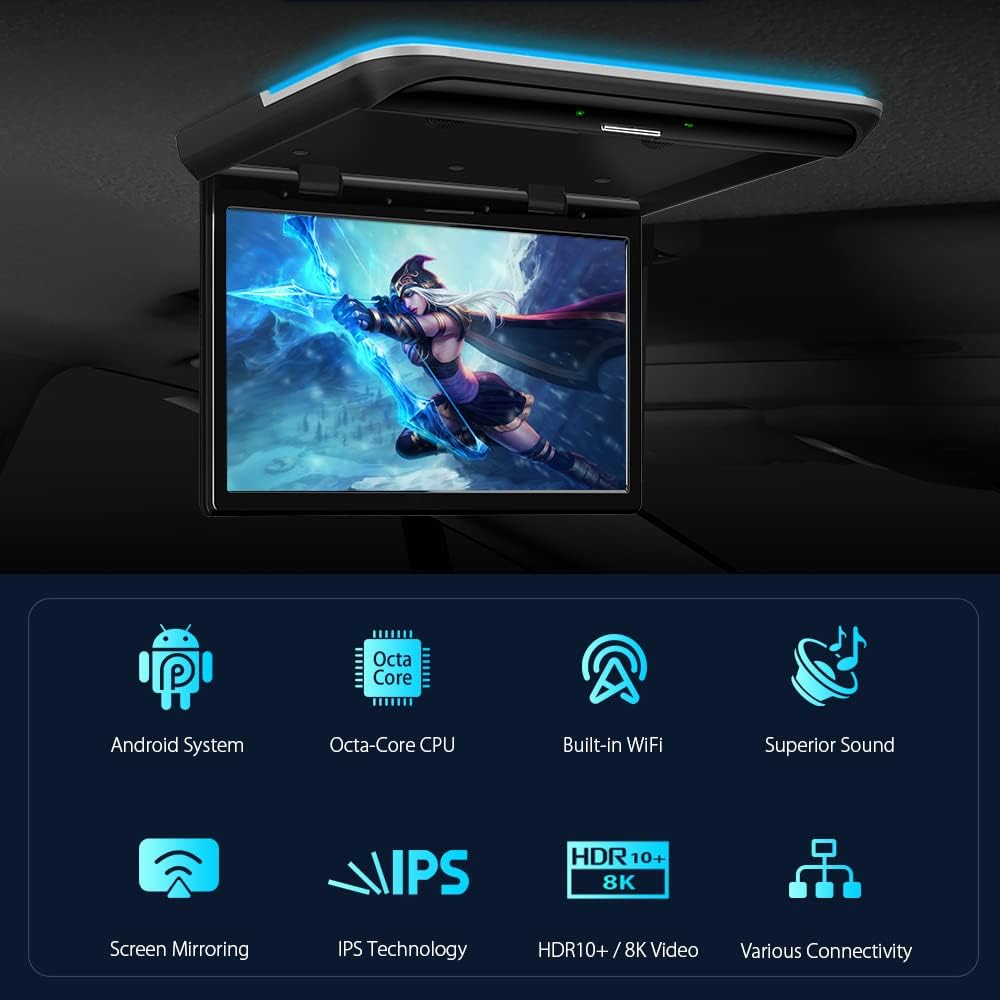 XTRONS Android Car Overhead Player 15.6 Inch Wide IPS Screen Car Roof Mount Monitor with Built-in Stereo Speakers Flip Down Overhead Car Monitor