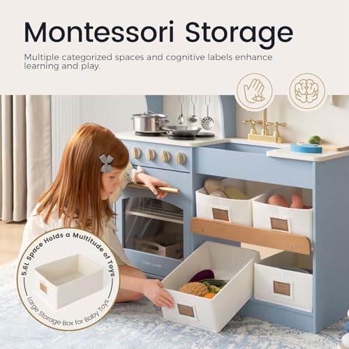 Tiny Land Play Kitchen for Kids with Enhanced Storage – Modern Toddler Kitchen Playset with Stove, Sink & Accessories, Organized Wooden Toy Kitchen