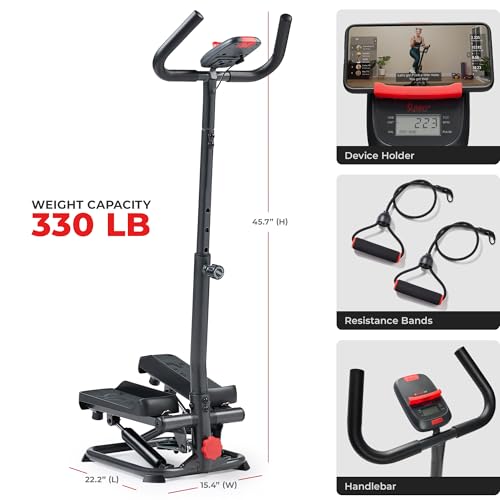 Sunny Health & Fitness Total Body 2-in-1 Smart Stepper Machine for Home with Handlebar and Resistance Bands, Total Body Workout, Adjustable Hydraulic