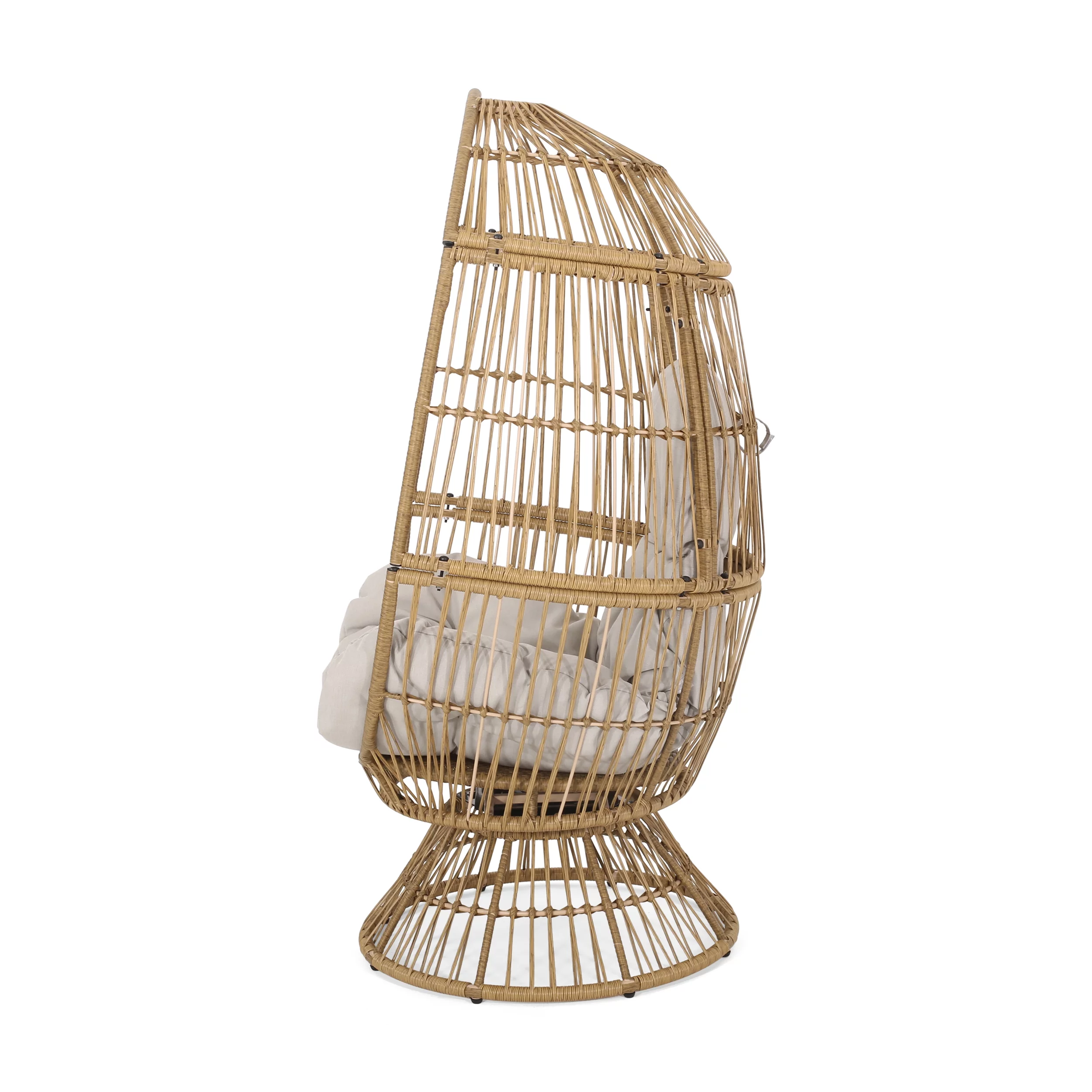 Noble House Adaline Outdoor Wicker Swivel Egg Chair with Cushion, Light Brown, Beige