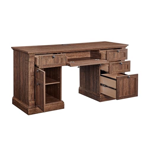 OKD 60" Executive Desk with Drawers, Farmhouse Home Office Desk with Charging Station, Keyboard Tray, File Cabinet Storage