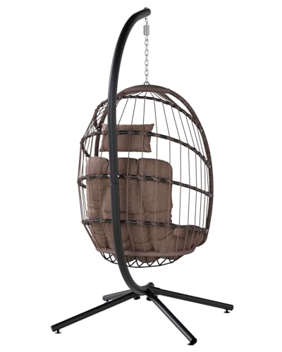 SWITTE Egg Chair Outdoor with Stand, Indoor Wicker Hanging Egg Swing Chair with Cushion, 350lbs Capacity for Patio, Bedroom, Garden - Gray