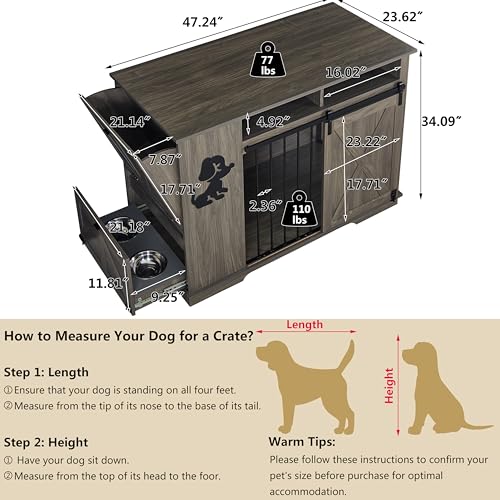 Aoowow Large Double Dog Crate Furniture 72.4" Indoor Dog Kennel with Sliding Barn Door and Divider