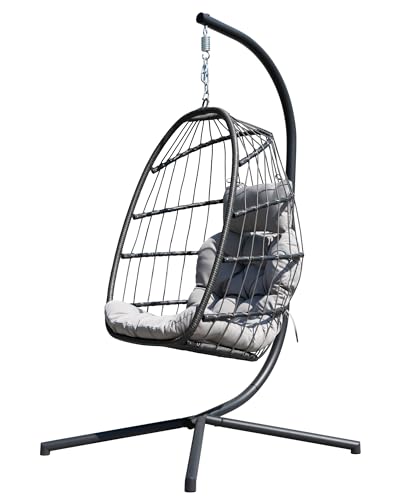 HWB Hanging Egg Chair with Stand, Patio Wicker Hammock Egg Swing Chair with Cushion for Bedroom Garden Indoor Outdoor (Beige)
