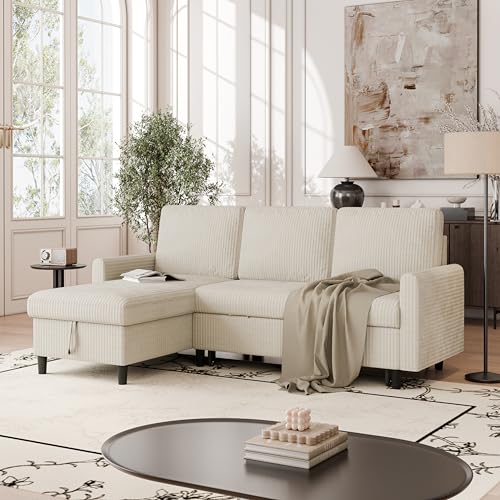 Vongrasig Convertible Sleeper Sofa, Pull Out Couch with Storage, 77" L-Shaped Sofa Bed with Storage Chaise Corduroy Fabric for Living Room, Apartment