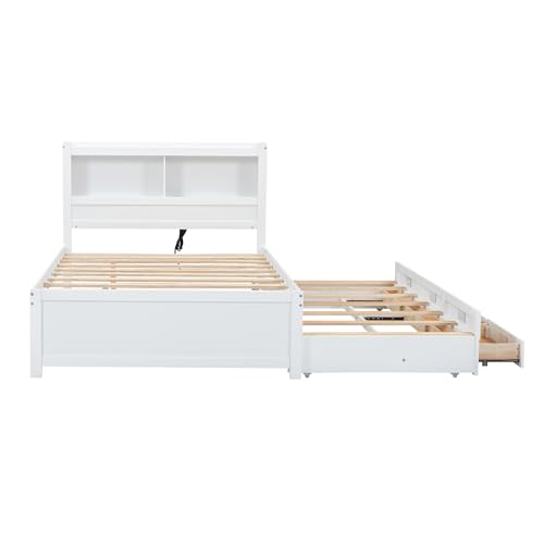 Full Size Storage Bed with Bookcase Headboard and Trundle, Wood Platform Bed Frame with Charging Station