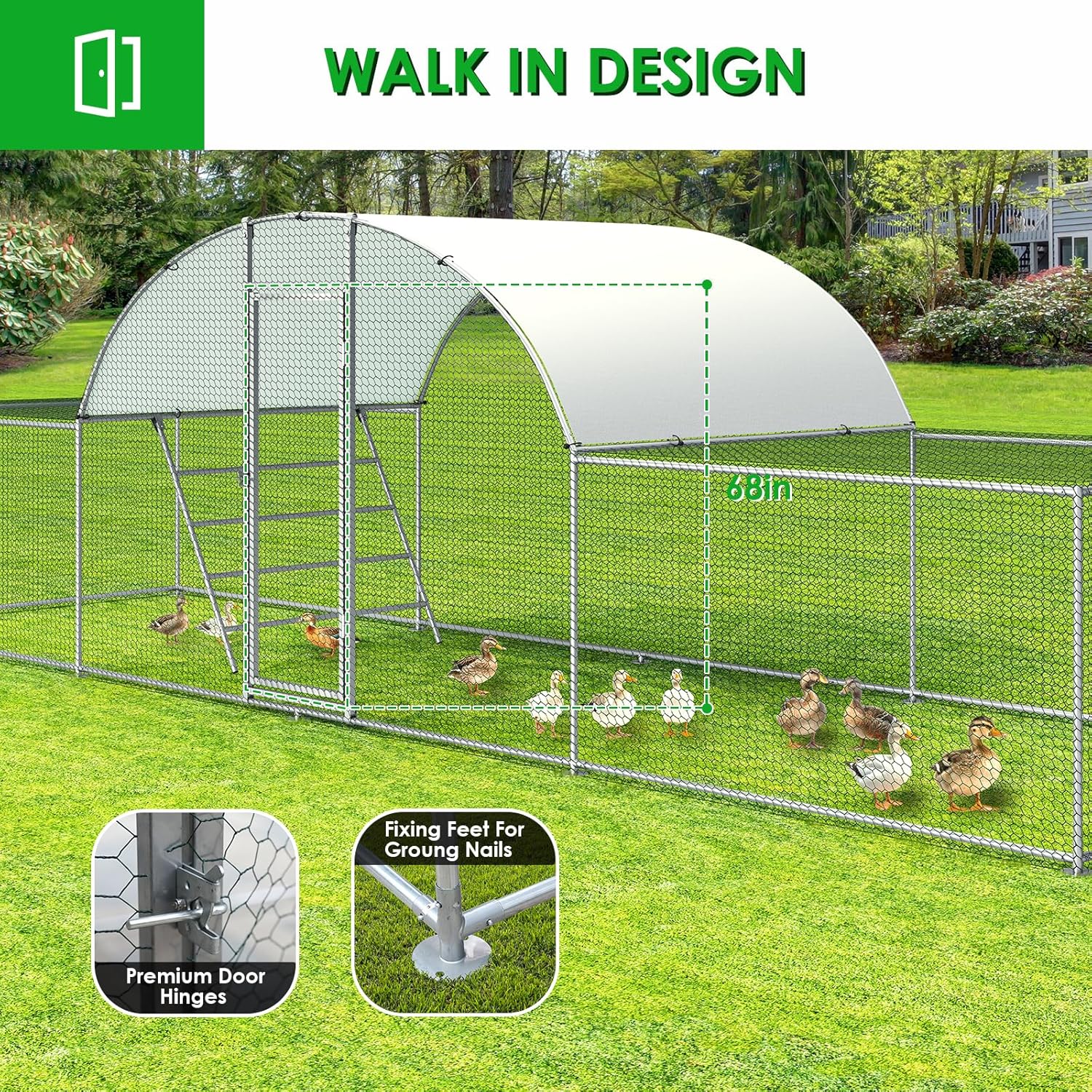 Arlopu 23ft Metal Chicken Coop, 3-Room Dome-Roof Poultry Pen, Large Hen Run Enclosure, Walk-in Galvanized Duck Rabbit Cage House