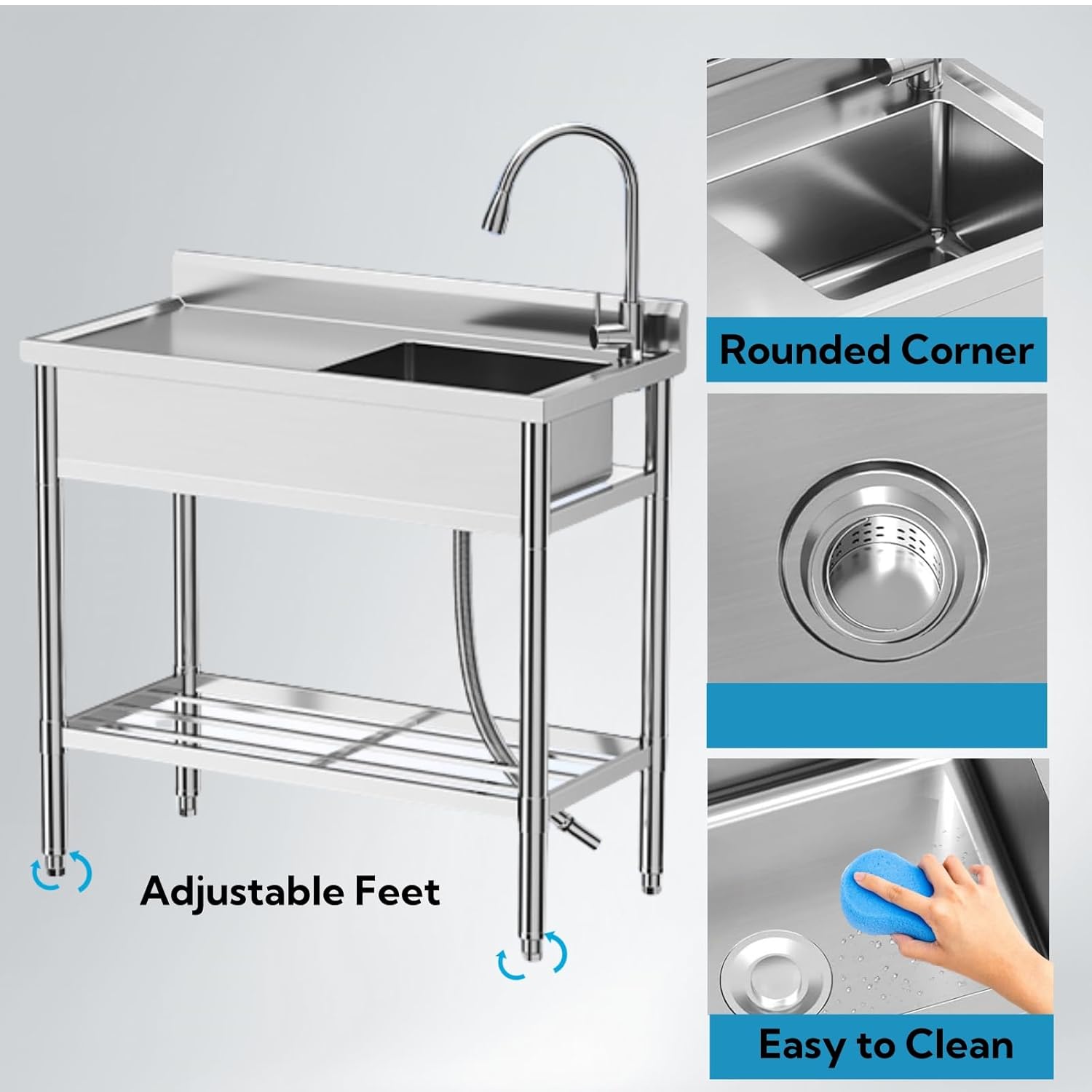 GAOMON Stainless Steel Utility Sink, Free Standing Commercial Kitchen Sink Set w/Workbench Storage Shelf & Hot/Cold Faucet