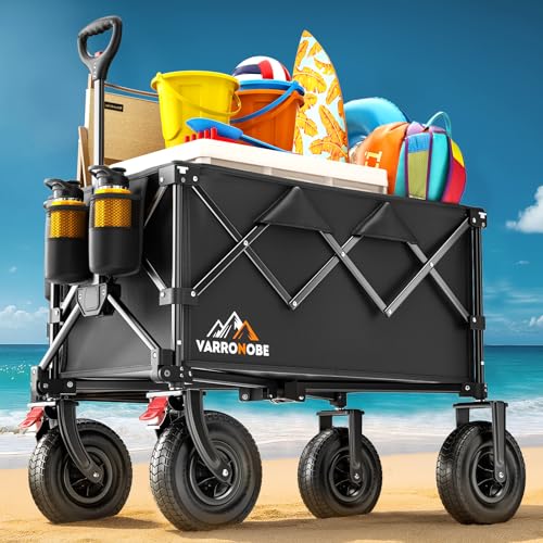 Big Rubber Wheels Beach Wagon Cart Foldable, 9x3 All-Terrain Wheels, Heavy Duty Collapsible Utility Wagon with 330lbs Capacity, Compact Storage