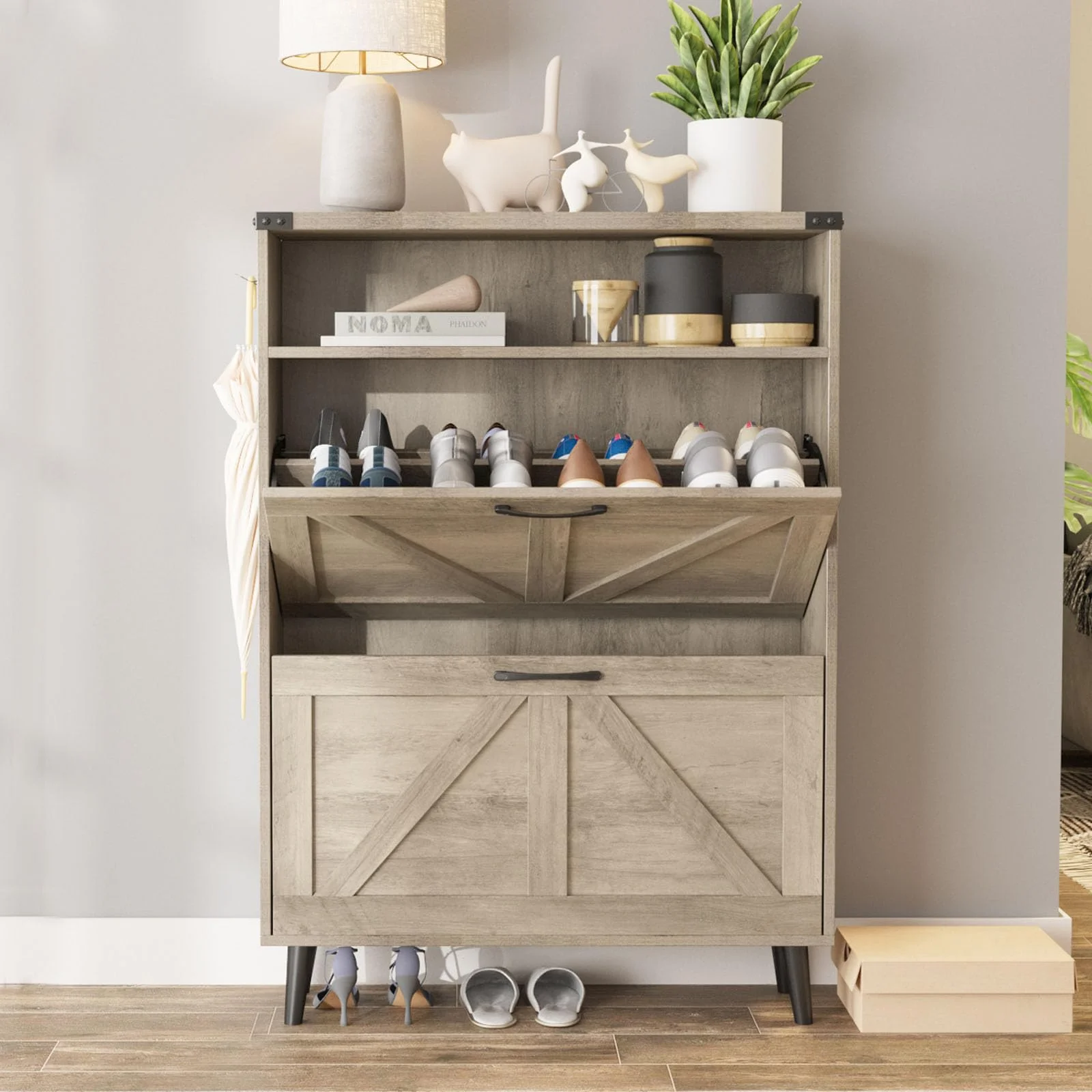 VEANERWOOD Shoe Cabinet with 2 Flip Drawers, Shoe Storage Cabinet for Entryway, Freestanding Shoe Cabinet Organizer with Open Storage
