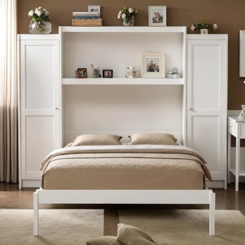 Queen Size Murphy Bed with Desk & Charging Station,Wall Bed Frame Folding into Cabinet Design w/LED & Storage Shelf for Small Space,Bedroom