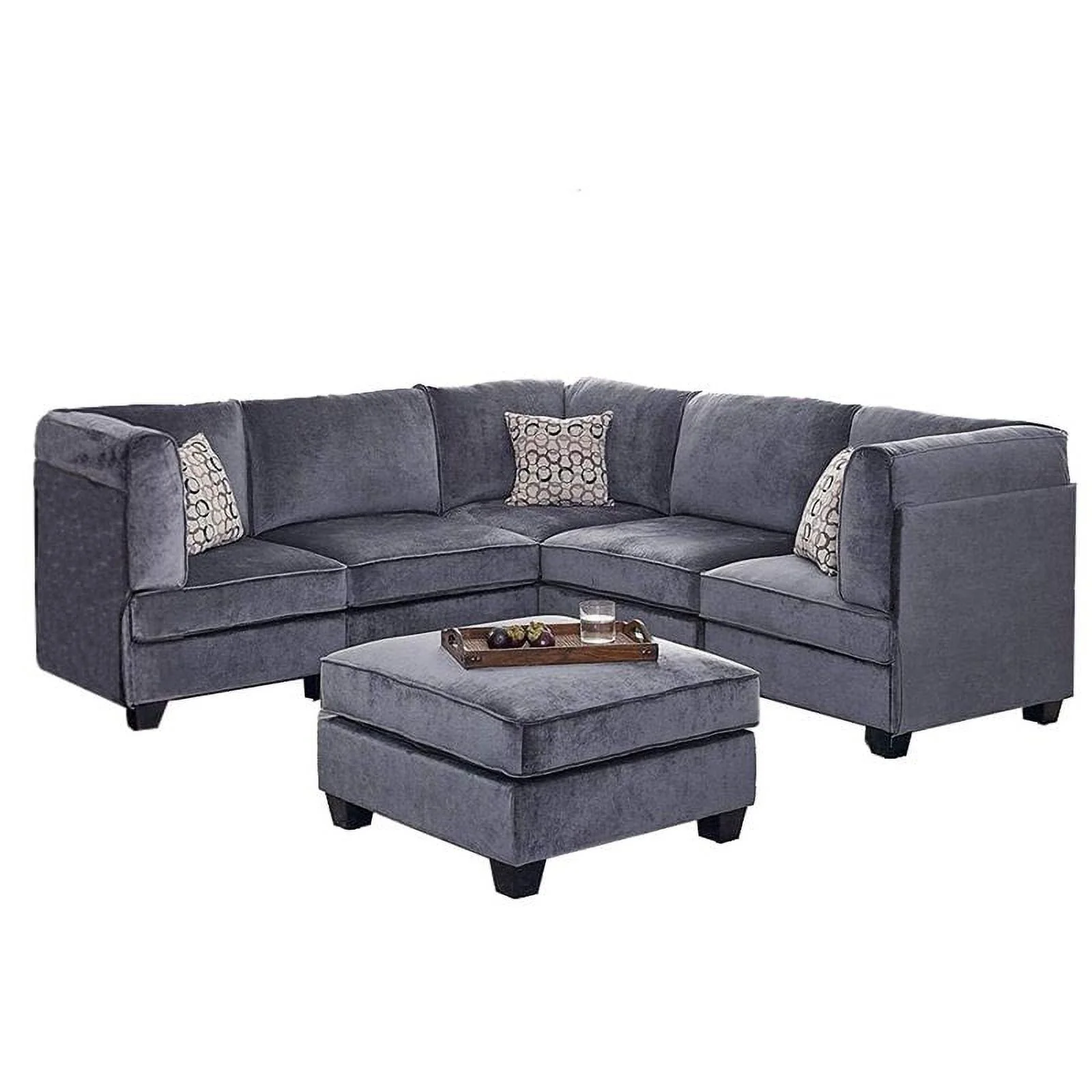 Bowery Hill Upholstery Velvet Fabric 6Pc Modular Sectional Sofa in Gray Including Ottoman and 3 Accent Pillows