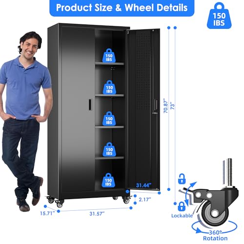 Garage Storage Cabinet with Wheels & Pegboard, 72" H Locking Metal Storage Cabinet with Doors and 4 Adjustable Shelves for Garage Workshop Home