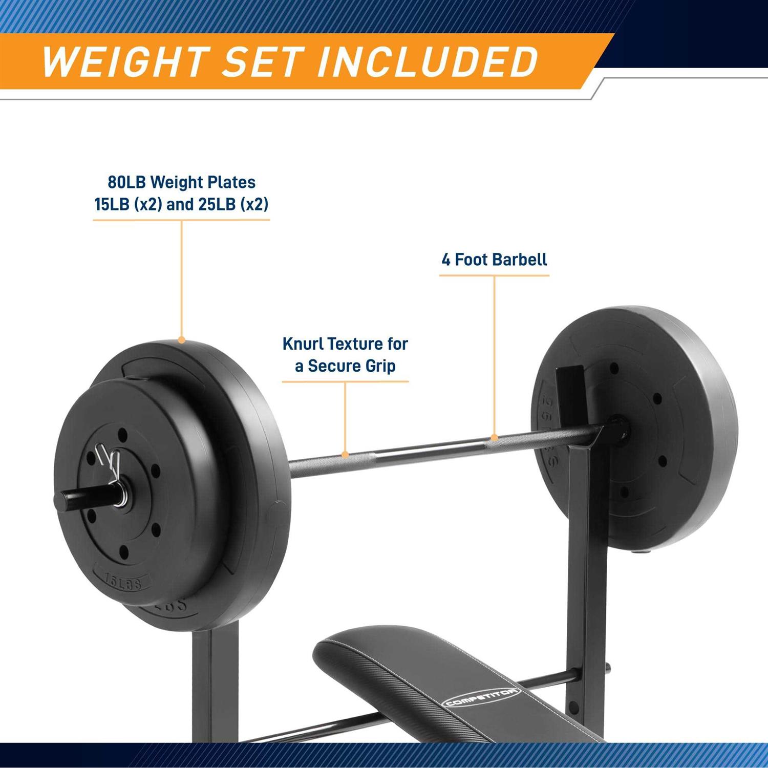 Marcy Competitor Standard Adjustable Weight Bench with 80 lb. Weight Set - Sports Supplies Online Store