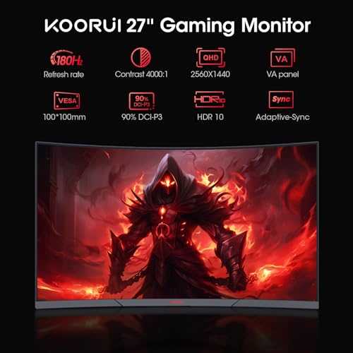 KOORUI 27 inch Gaming Monitor, QHD (2560 x 1440) R1500 180Hz Curved Monitor, AdaptiveSync with 1ms Computer Monitor, VESA Compatible, HDR10
