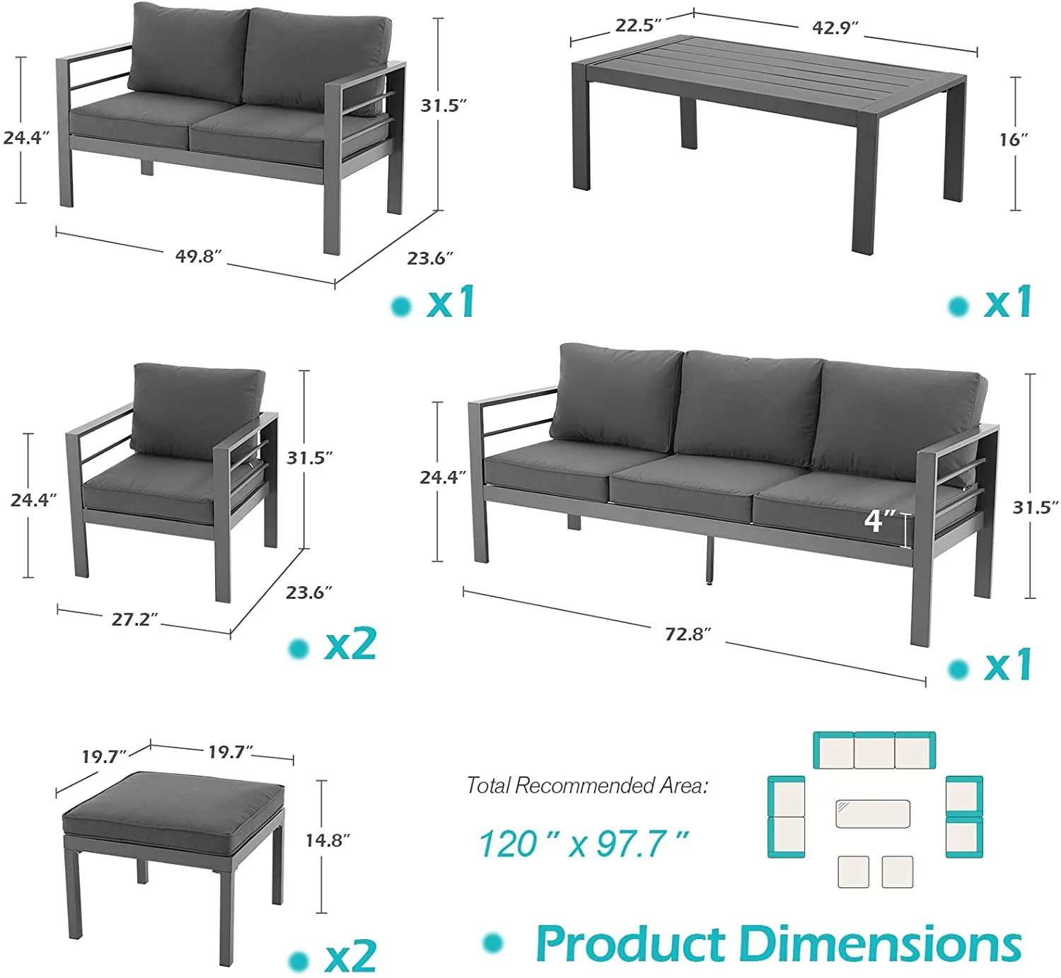 AECOJOY Aluminum Outdoor Furniture Set 7 Pieces Sectional Sofa Patio Conversation Set - Dark Gray