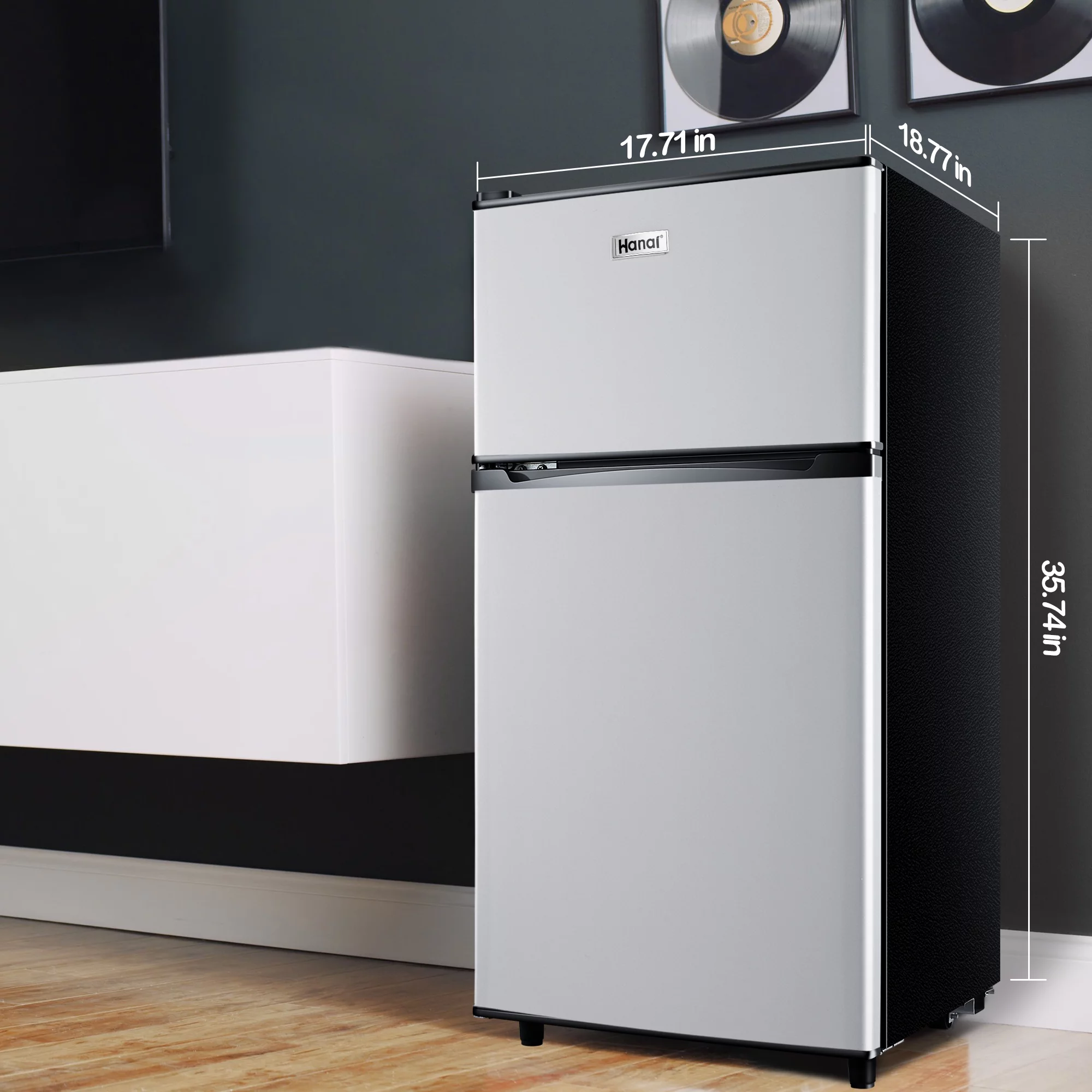 WANAI 3.5 Cu ft Two Door Mini Fridge with Freezer, Silvery