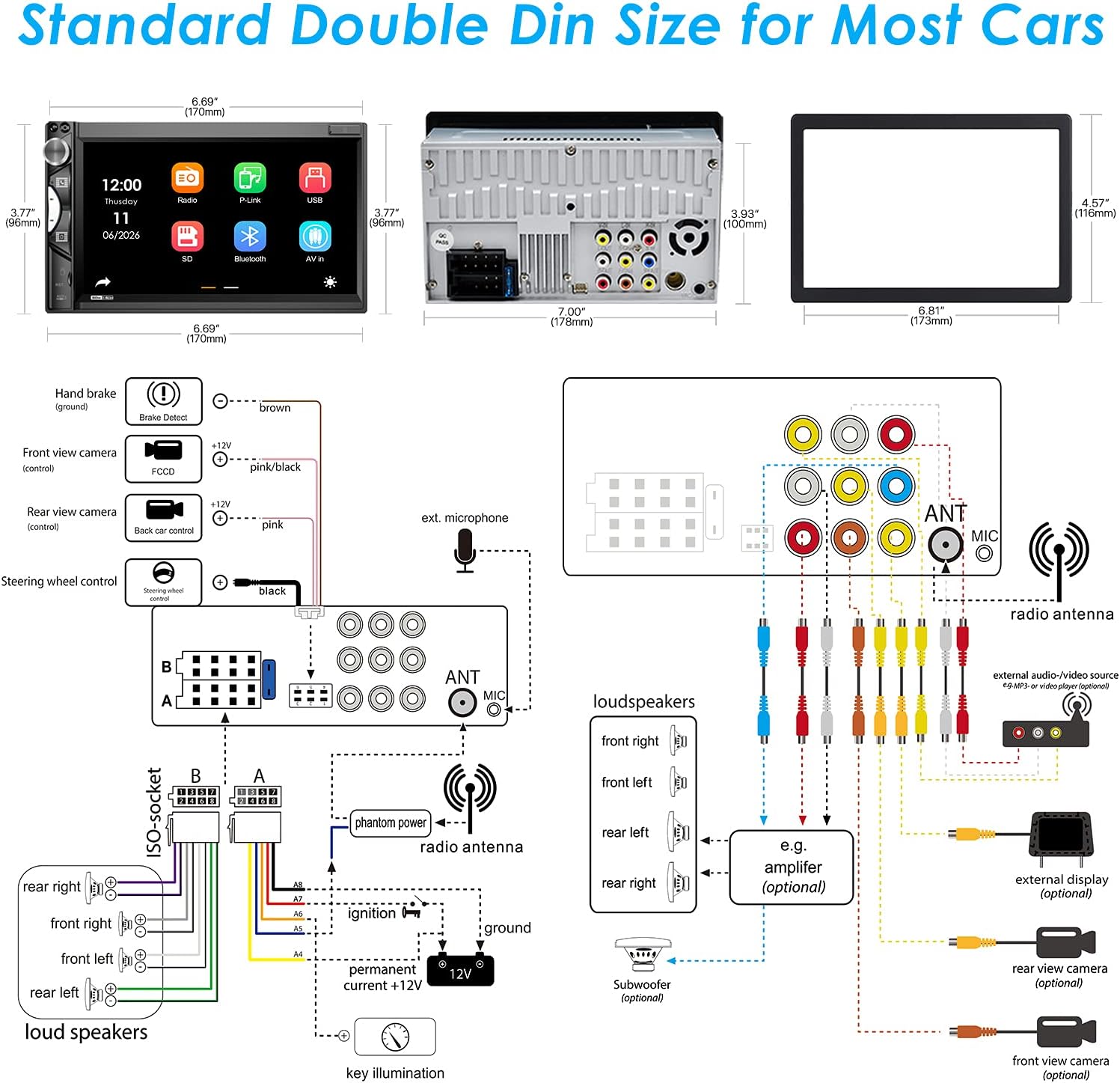 Double Din Car Stereo Receiver: 7" Touchscreen Car Audio with Carplay | Android Auto | MirrorLink | Bluetooth | AM/FM Car Radio | HD Rearview Camera