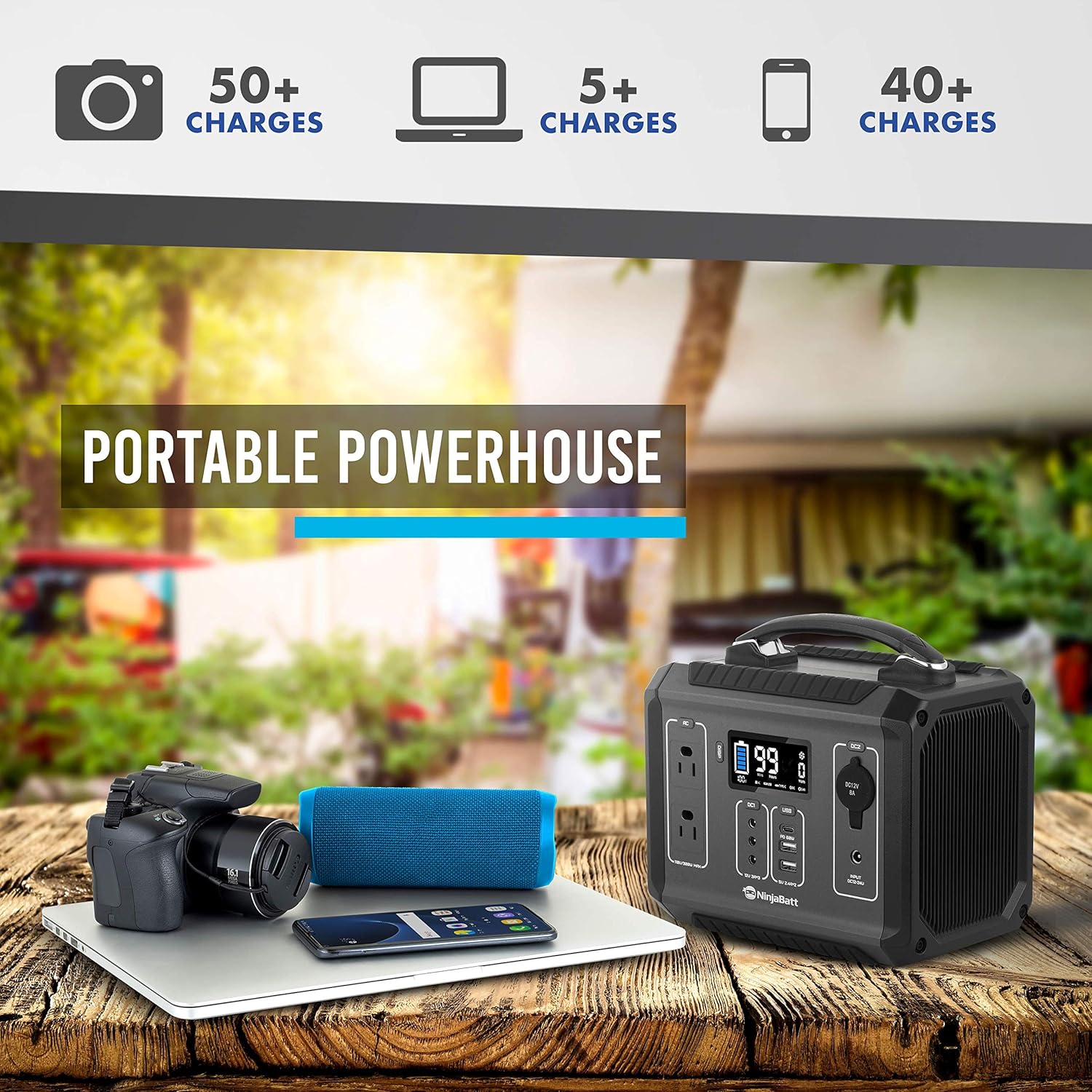 NinjaBatt 300W Portable Power Station, 280Wh Battery Solar Generator with Pure Sine Wave AC Outlets, QC3.0 & USB-C PD 60W