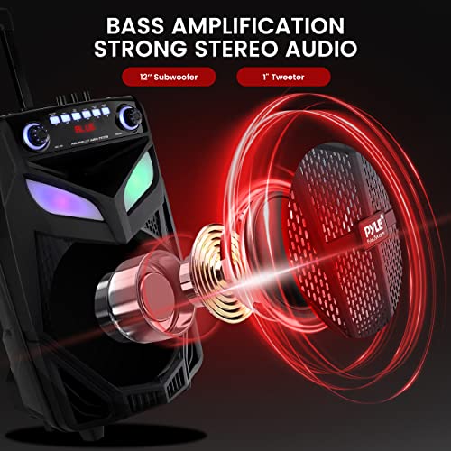 Pyle Portable Bluetooth PA Speaker System-800W 12” Indoor/Outdoor Bluetooth Speaker Portable PA System-Party Lights, USB SD Card Reader,FM Radio