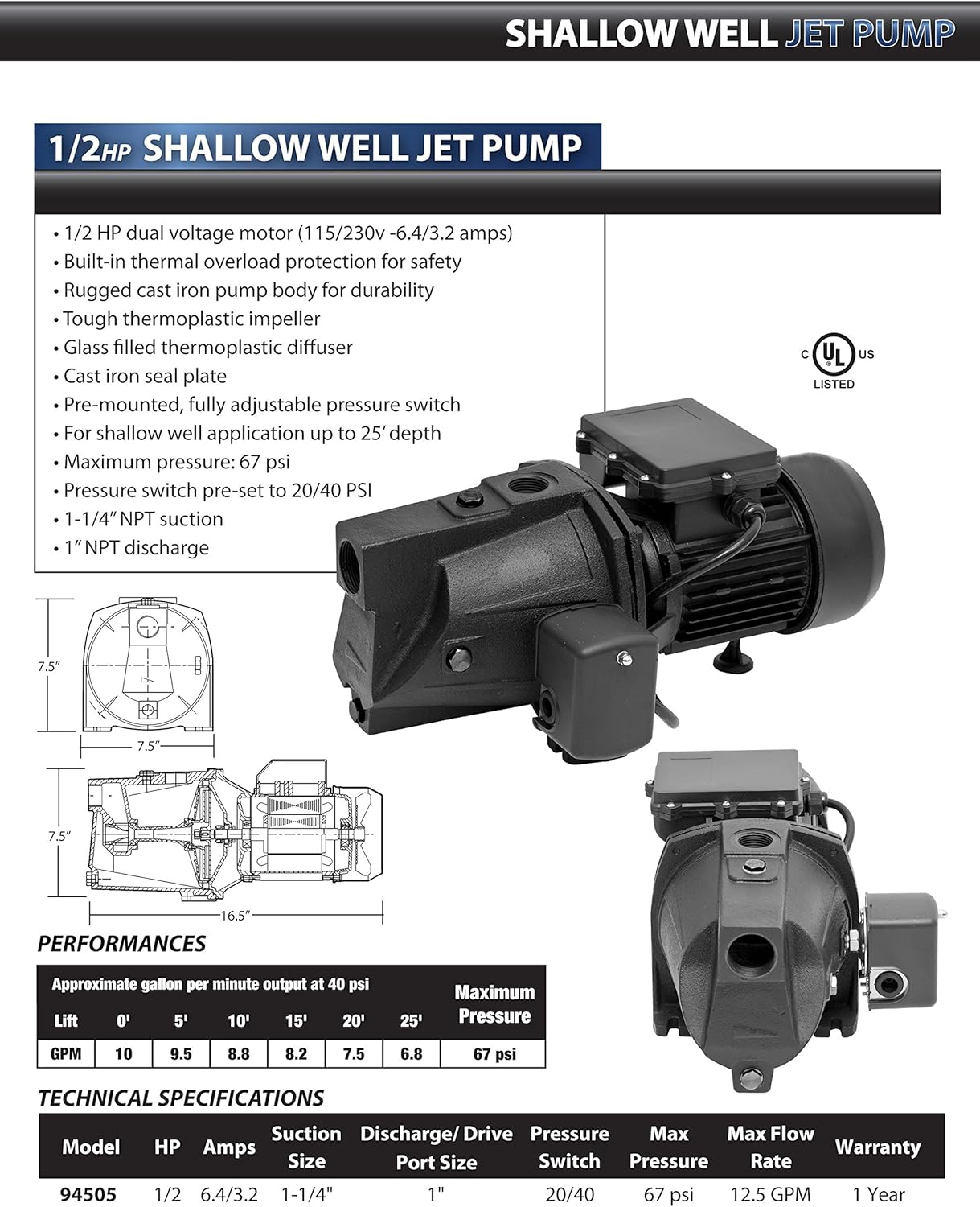 Superior Pump 94505 1/2 HP Cast Iron Shallow Well Jet Pump