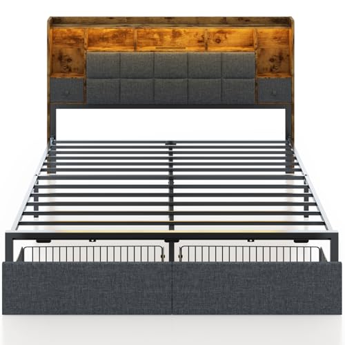 LED Bed Frame Full Size with Bookshelf Headboard, 2 Hidden Storage Drawers, Upholstered Platform Metal Bed Frame with Charging Station